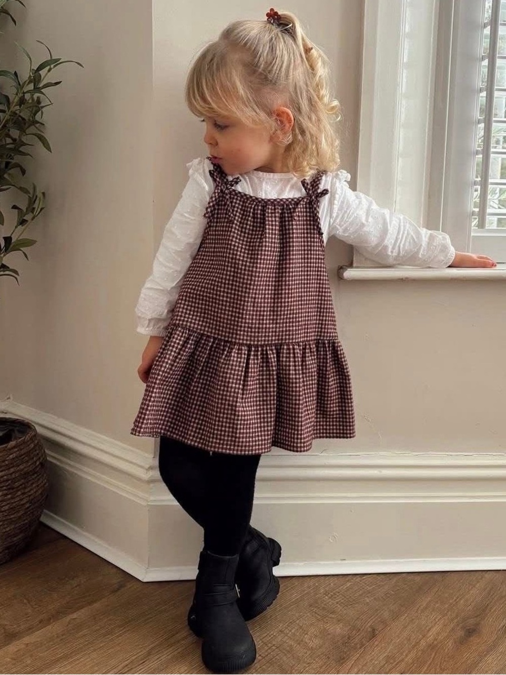 Zara Burgundy Gingham Tie-Shoulder Dress